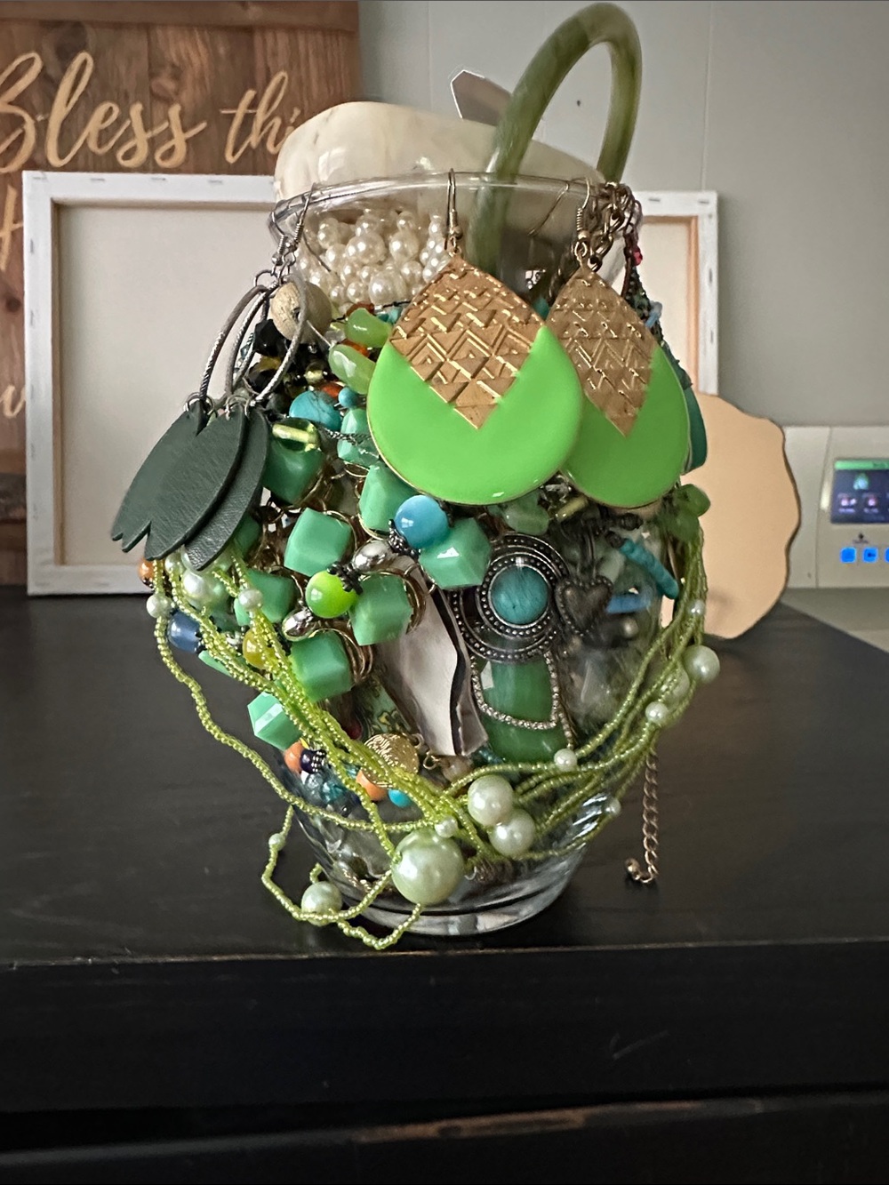 Big and Bold Mystery Jewelry Jar In  Mixed Shades Of Green.